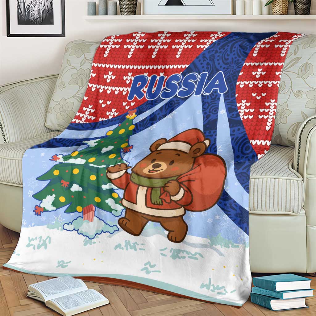 Russia Christmas Blanket with Santa Bear Gift Box Christmas Tree and Red Snowflake - Wonder Print Shop