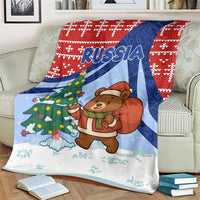 Russia Christmas Blanket with Santa Bear Gift Box Christmas Tree and Red Snowflake - Wonder Print Shop