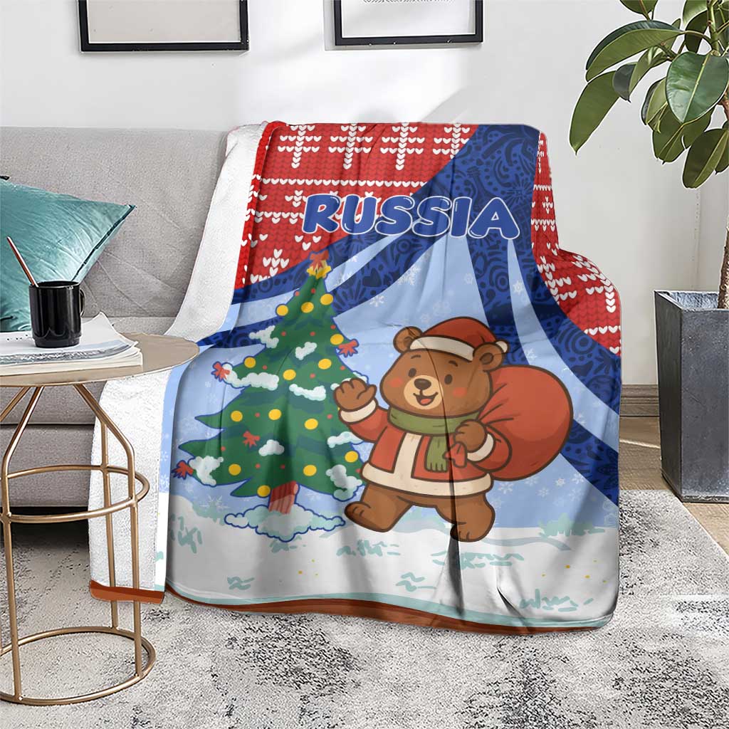Russia Christmas Blanket with Santa Bear Gift Box Christmas Tree and Red Snowflake - Wonder Print Shop