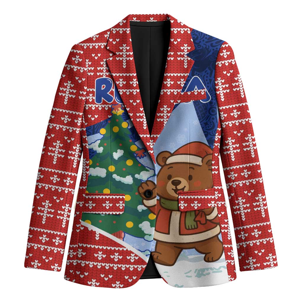 Russia Christmas Blazer with Santa Bear Gift Box Christmas Tree and Red Snowflake - Wonder Print Shop