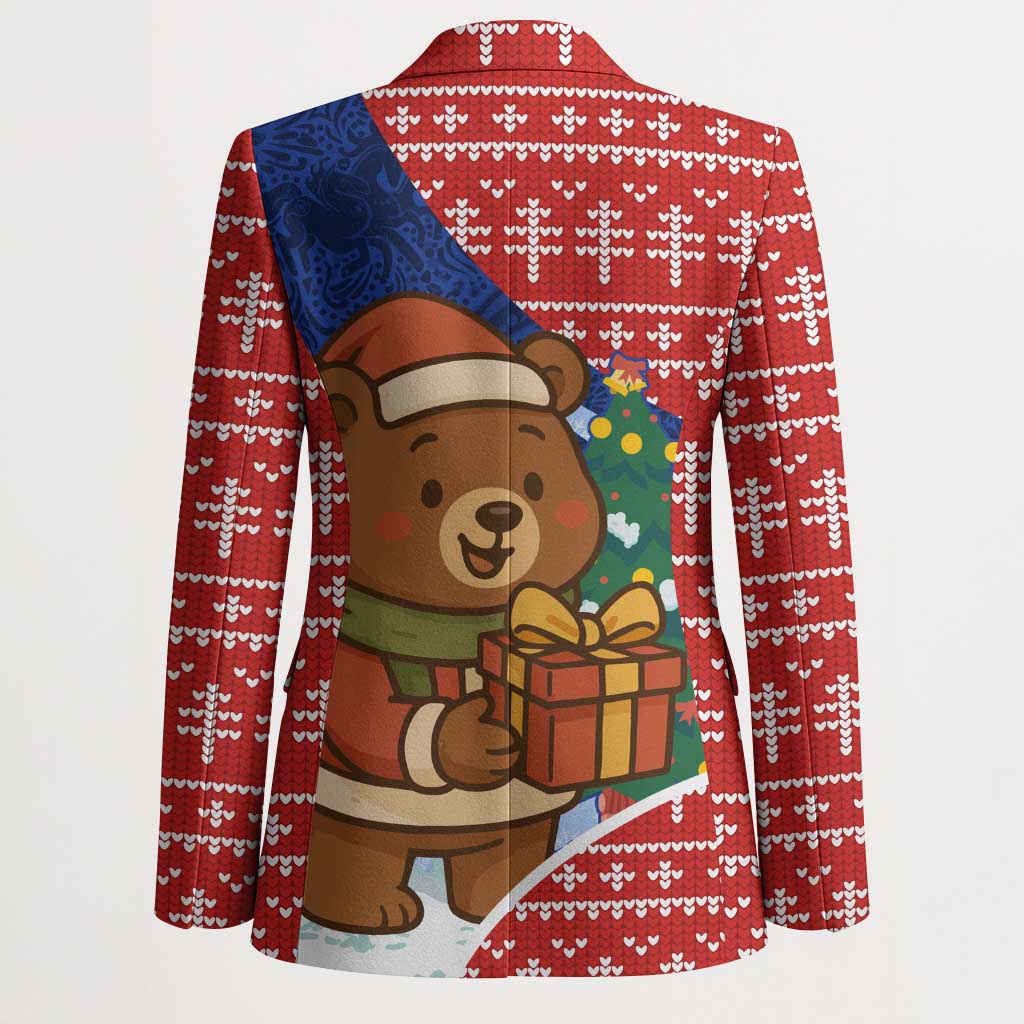 Russia Christmas Blazer with Santa Bear Gift Box Christmas Tree and Red Snowflake - Wonder Print Shop