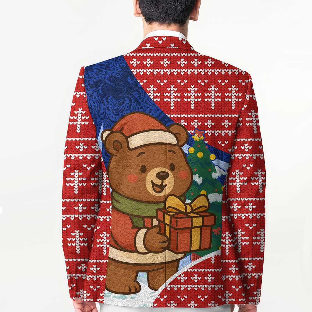 Russia Christmas Blazer with Santa Bear Gift Box Christmas Tree and Red Snowflake - Wonder Print Shop