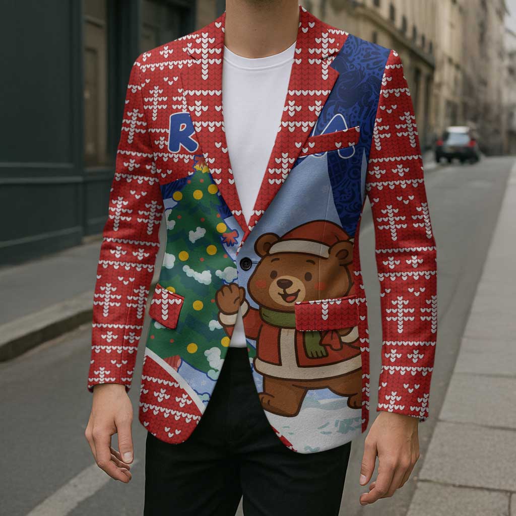Russia Christmas Blazer with Santa Bear Gift Box Christmas Tree and Red Snowflake - Wonder Print Shop