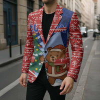 Russia Christmas Blazer with Santa Bear Gift Box Christmas Tree and Red Snowflake - Wonder Print Shop
