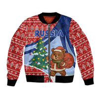 Russia Christmas Bomber Jacket with Santa Bear Gift Box Christmas Tree and Red Snowflake - Wonder Print Shop