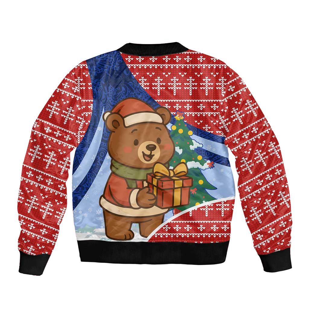 Russia Christmas Bomber Jacket with Santa Bear Gift Box Christmas Tree and Red Snowflake - Wonder Print Shop