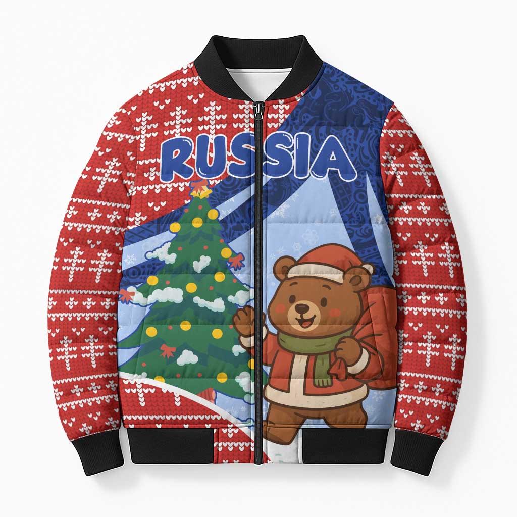 Russia Christmas Bomber Puffer Jacket with Santa Bear Gift Box Christmas Tree and Red Snowflake - Wonder Print Shop