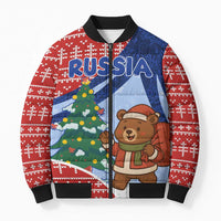 Russia Christmas Bomber Puffer Jacket with Santa Bear Gift Box Christmas Tree and Red Snowflake - Wonder Print Shop