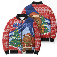 Russia Christmas Bomber Puffer Jacket with Santa Bear Gift Box Christmas Tree and Red Snowflake - Wonder Print Shop