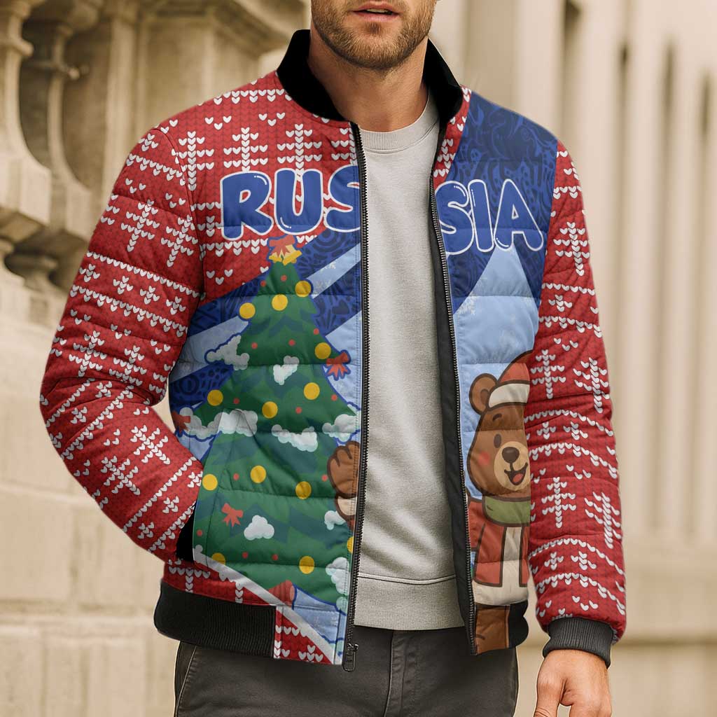 Russia Christmas Bomber Puffer Jacket with Santa Bear Gift Box Christmas Tree and Red Snowflake - Wonder Print Shop