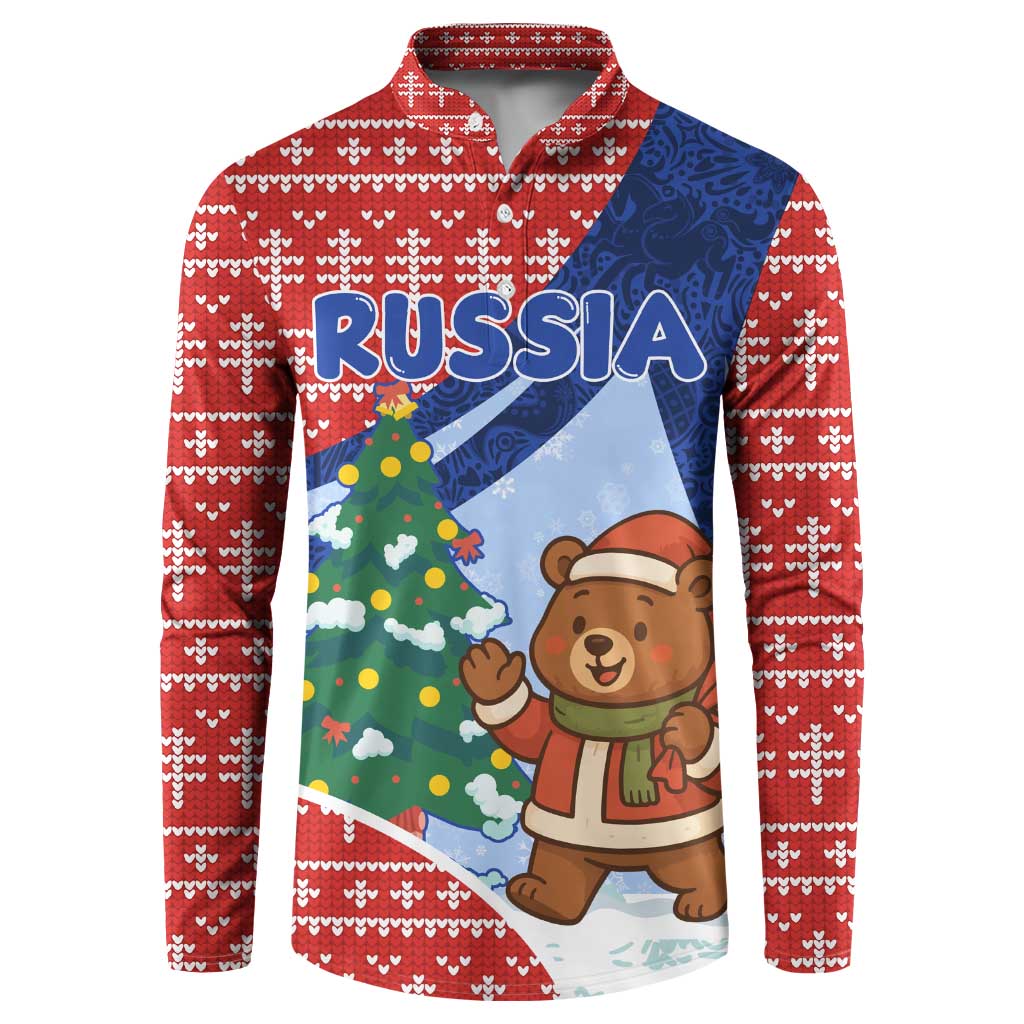 Russia Christmas Button Sweatshirt with Santa Bear Gift Box Christmas Tree and Red Snowflake - Wonder Print Shop
