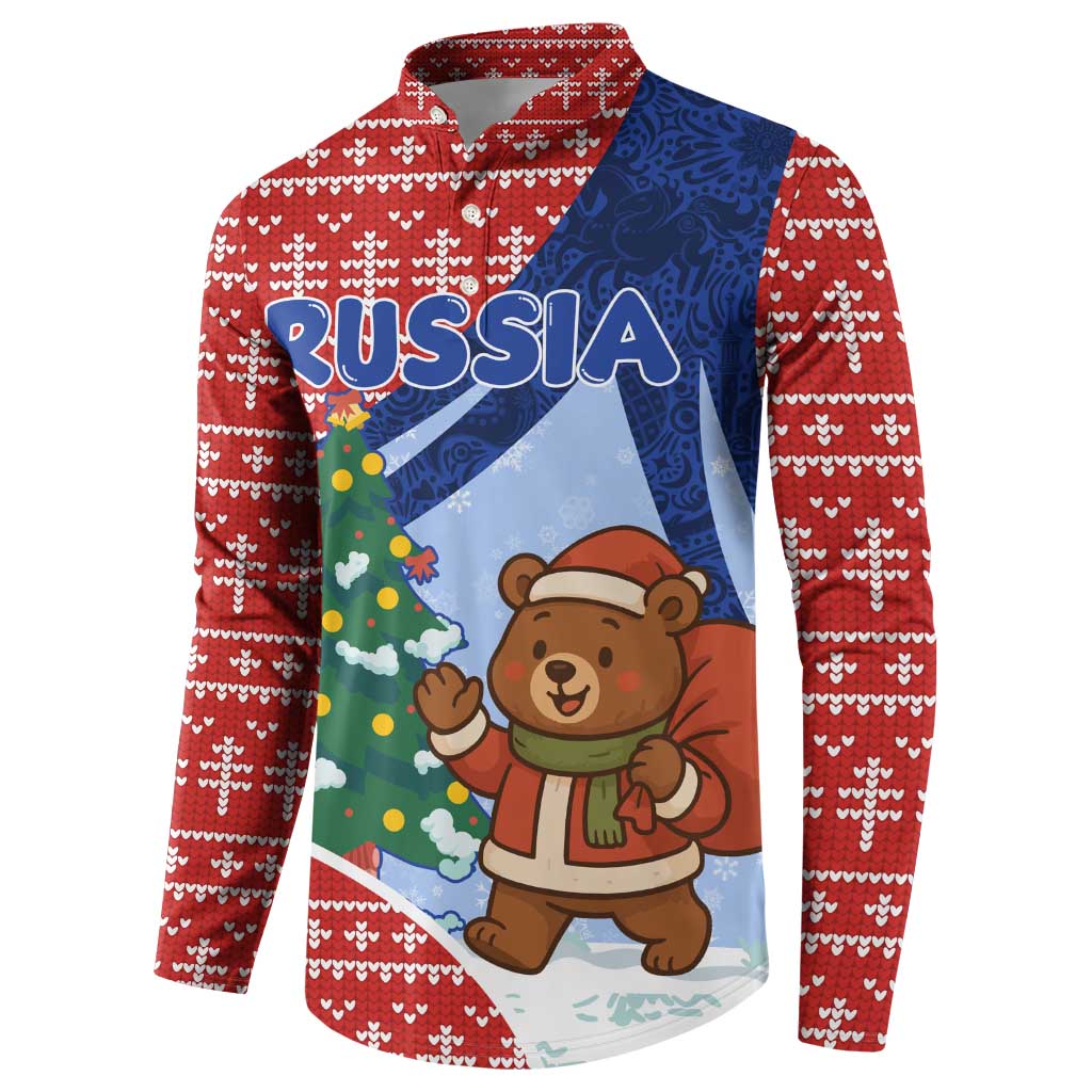 Russia Christmas Button Sweatshirt with Santa Bear Gift Box Christmas Tree and Red Snowflake - Wonder Print Shop