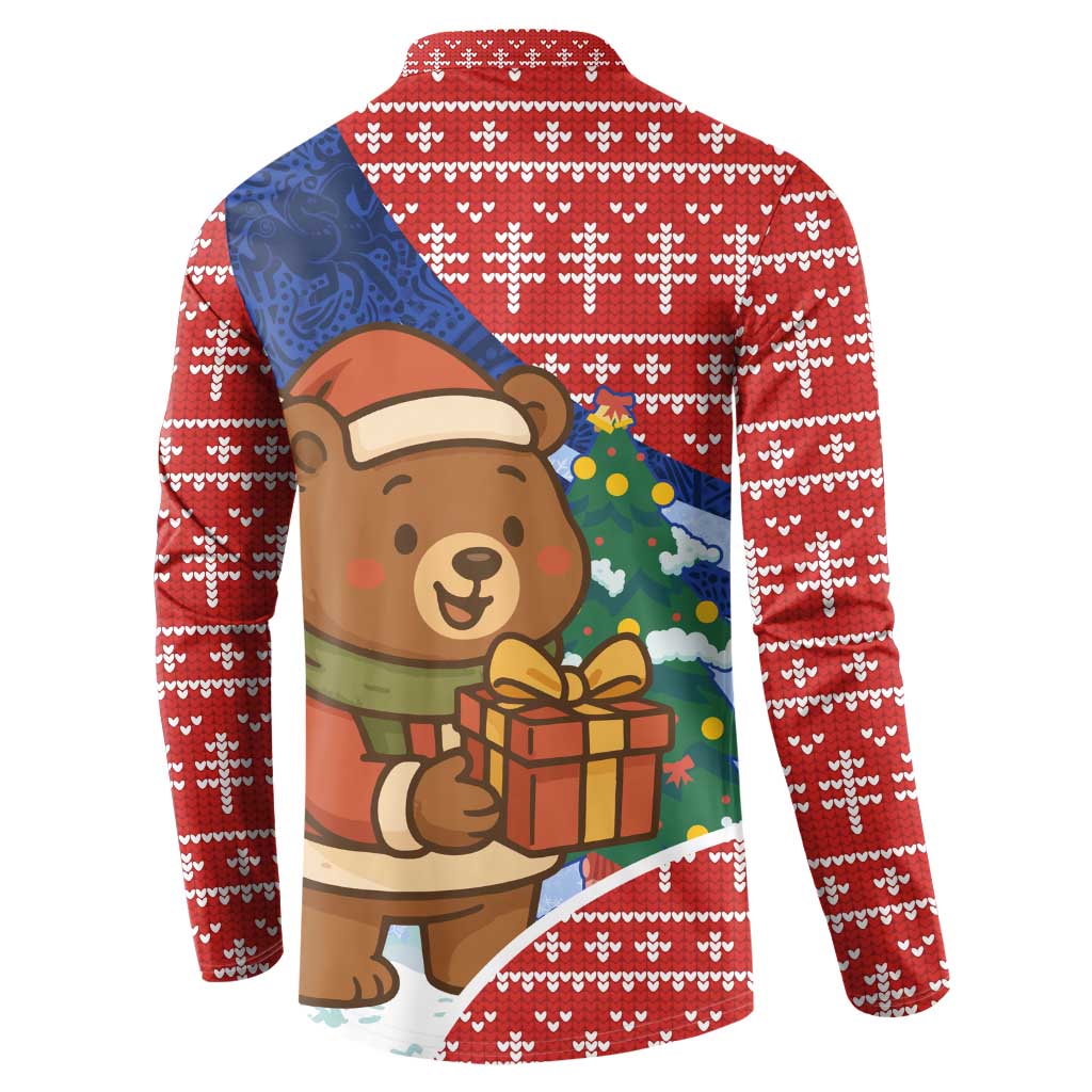 Russia Christmas Button Sweatshirt with Santa Bear Gift Box Christmas Tree and Red Snowflake - Wonder Print Shop