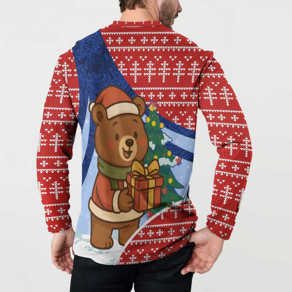 Russia Christmas Button Sweatshirt with Santa Bear Gift Box Christmas Tree and Red Snowflake - Wonder Print Shop