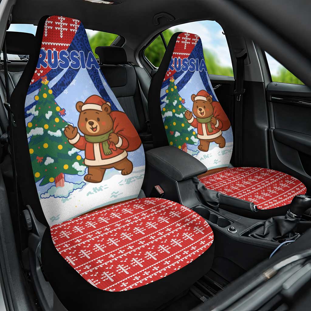 Russia Christmas Car Seat Cover with Santa Bear Gift Box Christmas Tree and Red Snowflake - Wonder Print Shop