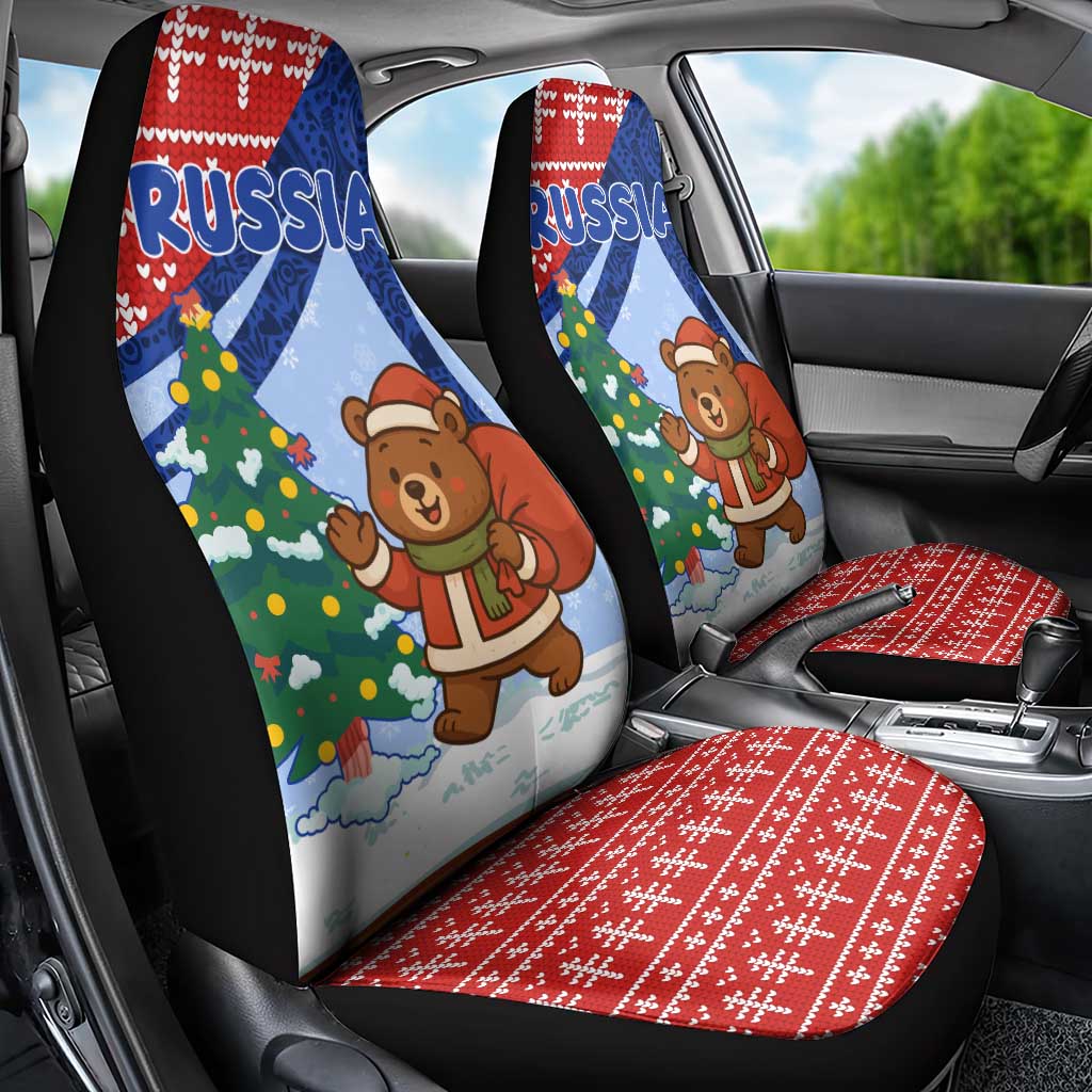 Russia Christmas Car Seat Cover with Santa Bear Gift Box Christmas Tree and Red Snowflake - Wonder Print Shop