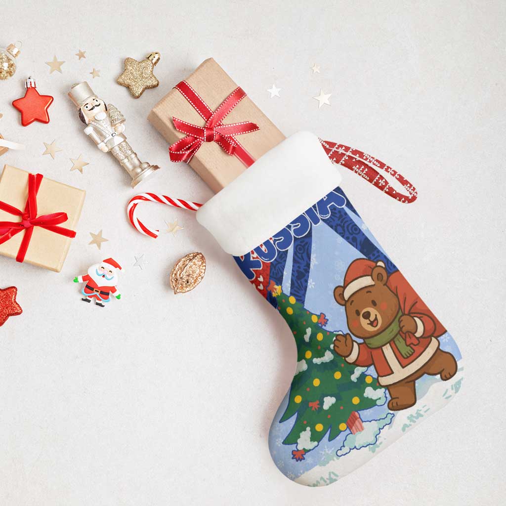 Russia Christmas Stocking with Santa Bear Gift Box Christmas Tree and Red Snowflake - Wonder Print Shop