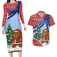 Russia Christmas Couples Matching Long Sleeve Bodycon Dress and Hawaiian Shirt with Santa Bear Gift Box Christmas Tree and Red Snowflake - Wonder Print Shop