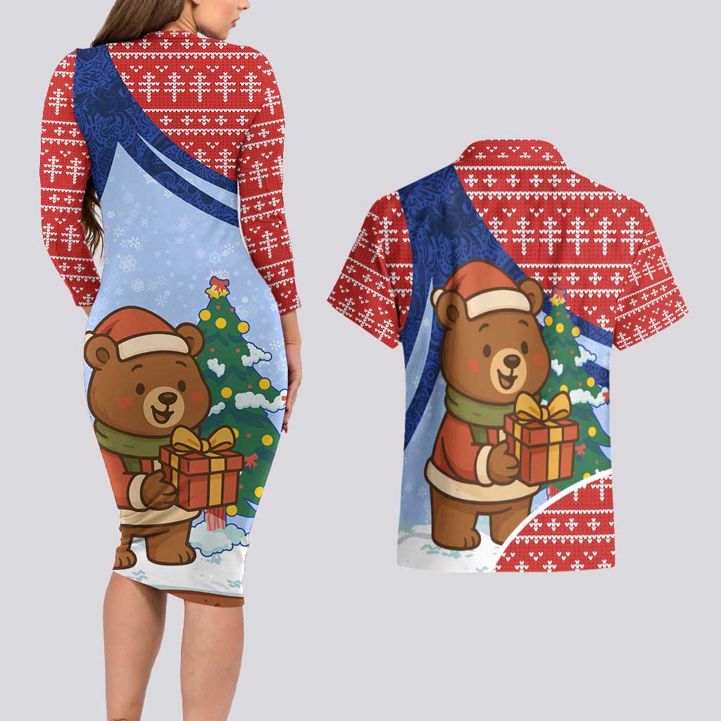 Russia Christmas Couples Matching Long Sleeve Bodycon Dress and Hawaiian Shirt with Santa Bear Gift Box Christmas Tree and Red Snowflake - Wonder Print Shop