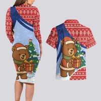 Russia Christmas Couples Matching Long Sleeve Bodycon Dress and Hawaiian Shirt with Santa Bear Gift Box Christmas Tree and Red Snowflake - Wonder Print Shop