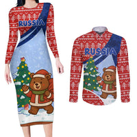 Russia Christmas Couples Matching Long Sleeve Bodycon Dress and Long Sleeve Button Shirt with Santa Bear Gift Box Christmas Tree and Red Snowflake - Wonder Print Shop