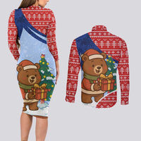 Russia Christmas Couples Matching Long Sleeve Bodycon Dress and Long Sleeve Button Shirt with Santa Bear Gift Box Christmas Tree and Red Snowflake - Wonder Print Shop