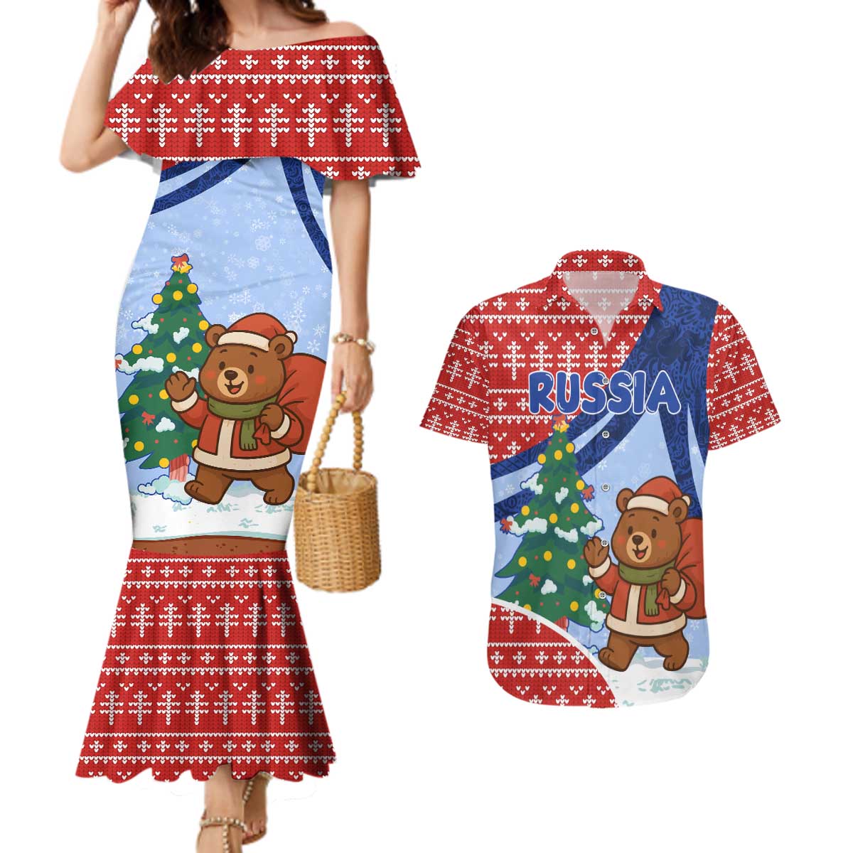 Russia Christmas Couples Matching Mermaid Dress and Hawaiian Shirt with Santa Bear Gift Box Christmas Tree and Red Snowflake - Wonder Print Shop