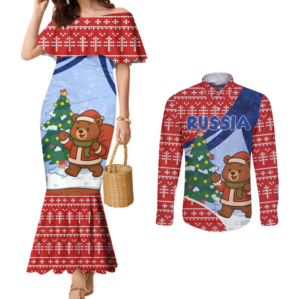 Russia Christmas Couples Matching Mermaid Dress and Long Sleeve Button Shirt with Santa Bear Gift Box Christmas Tree and Red Snowflake - Wonder Print Shop