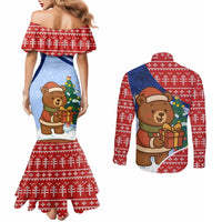 Russia Christmas Couples Matching Mermaid Dress and Long Sleeve Button Shirt with Santa Bear Gift Box Christmas Tree and Red Snowflake - Wonder Print Shop