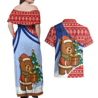 Russia Christmas Couples Matching Off Shoulder Maxi Dress and Hawaiian Shirt with Santa Bear Gift Box Christmas Tree and Red Snowflake - Wonder Print Shop