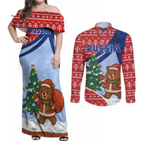 Russia Christmas Couples Matching Off Shoulder Maxi Dress and Long Sleeve Button Shirt with Santa Bear Gift Box Christmas Tree and Red Snowflake - Wonder Print Shop