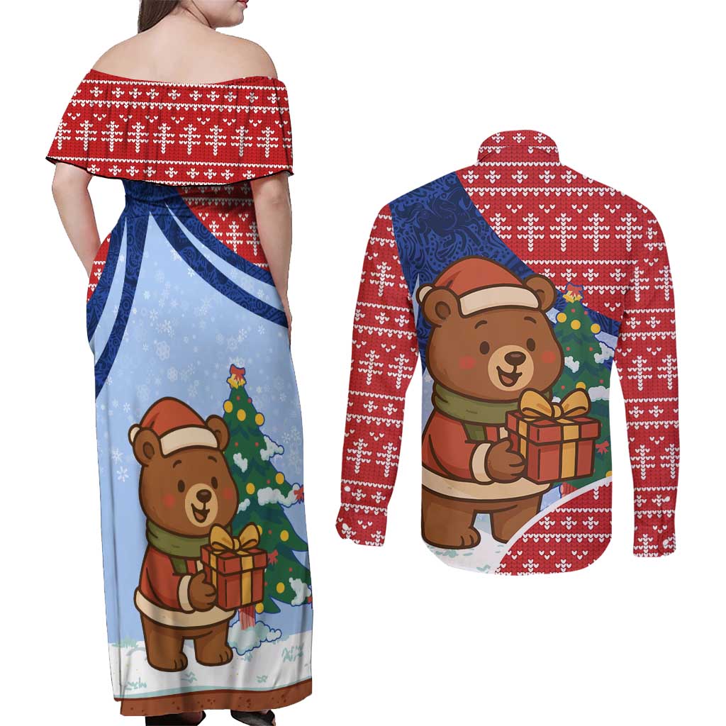 Russia Christmas Couples Matching Off Shoulder Maxi Dress and Long Sleeve Button Shirt with Santa Bear Gift Box Christmas Tree and Red Snowflake - Wonder Print Shop