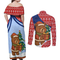 Russia Christmas Couples Matching Off Shoulder Maxi Dress and Long Sleeve Button Shirt with Santa Bear Gift Box Christmas Tree and Red Snowflake - Wonder Print Shop