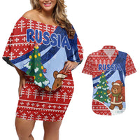 Russia Christmas Couples Matching Off Shoulder Short Dress and Hawaiian Shirt with Santa Bear Gift Box Christmas Tree and Red Snowflake - Wonder Print Shop