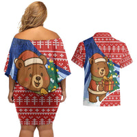 Russia Christmas Couples Matching Off Shoulder Short Dress and Hawaiian Shirt with Santa Bear Gift Box Christmas Tree and Red Snowflake - Wonder Print Shop