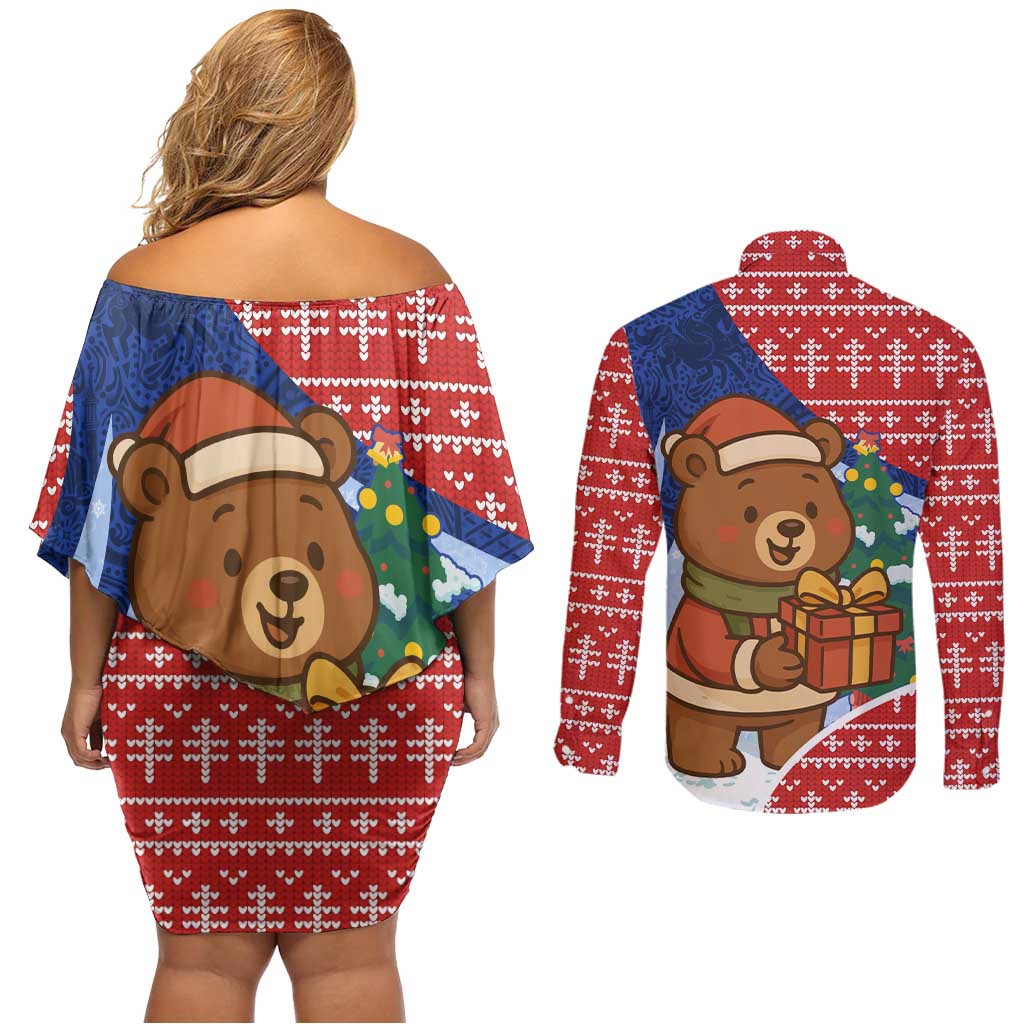 Russia Christmas Couples Matching Off Shoulder Short Dress and Long Sleeve Button Shirt with Santa Bear Gift Box Christmas Tree and Red Snowflake - Wonder Print Shop