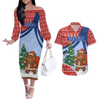 Russia Christmas Couples Matching Off The Shoulder Long Sleeve Dress and Hawaiian Shirt with Santa Bear Gift Box Christmas Tree and Red Snowflake - Wonder Print Shop