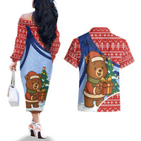 Russia Christmas Couples Matching Off The Shoulder Long Sleeve Dress and Hawaiian Shirt with Santa Bear Gift Box Christmas Tree and Red Snowflake - Wonder Print Shop