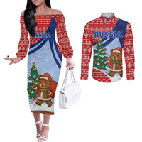 Russia Christmas Couples Matching Off The Shoulder Long Sleeve Dress and Long Sleeve Button Shirt with Santa Bear Gift Box Christmas Tree and Red Snowflake - Wonder Print Shop