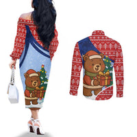 Russia Christmas Couples Matching Off The Shoulder Long Sleeve Dress and Long Sleeve Button Shirt with Santa Bear Gift Box Christmas Tree and Red Snowflake - Wonder Print Shop