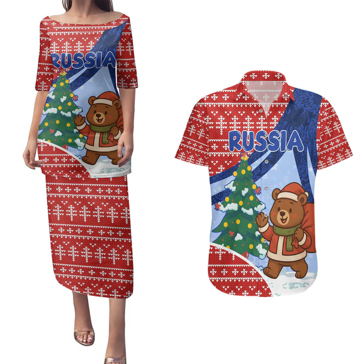 Russia Christmas Couples Matching Puletasi and Hawaiian Shirt with Santa Bear Gift Box Christmas Tree and Red Snowflake - Wonder Print Shop