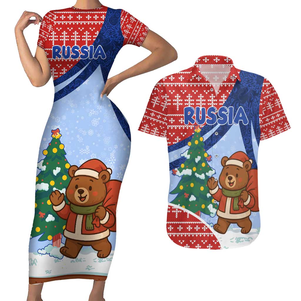 Russia Christmas Couples Matching Short Sleeve Bodycon Dress and Hawaiian Shirt with Santa Bear Gift Box Christmas Tree and Red Snowflake - Wonder Print Shop