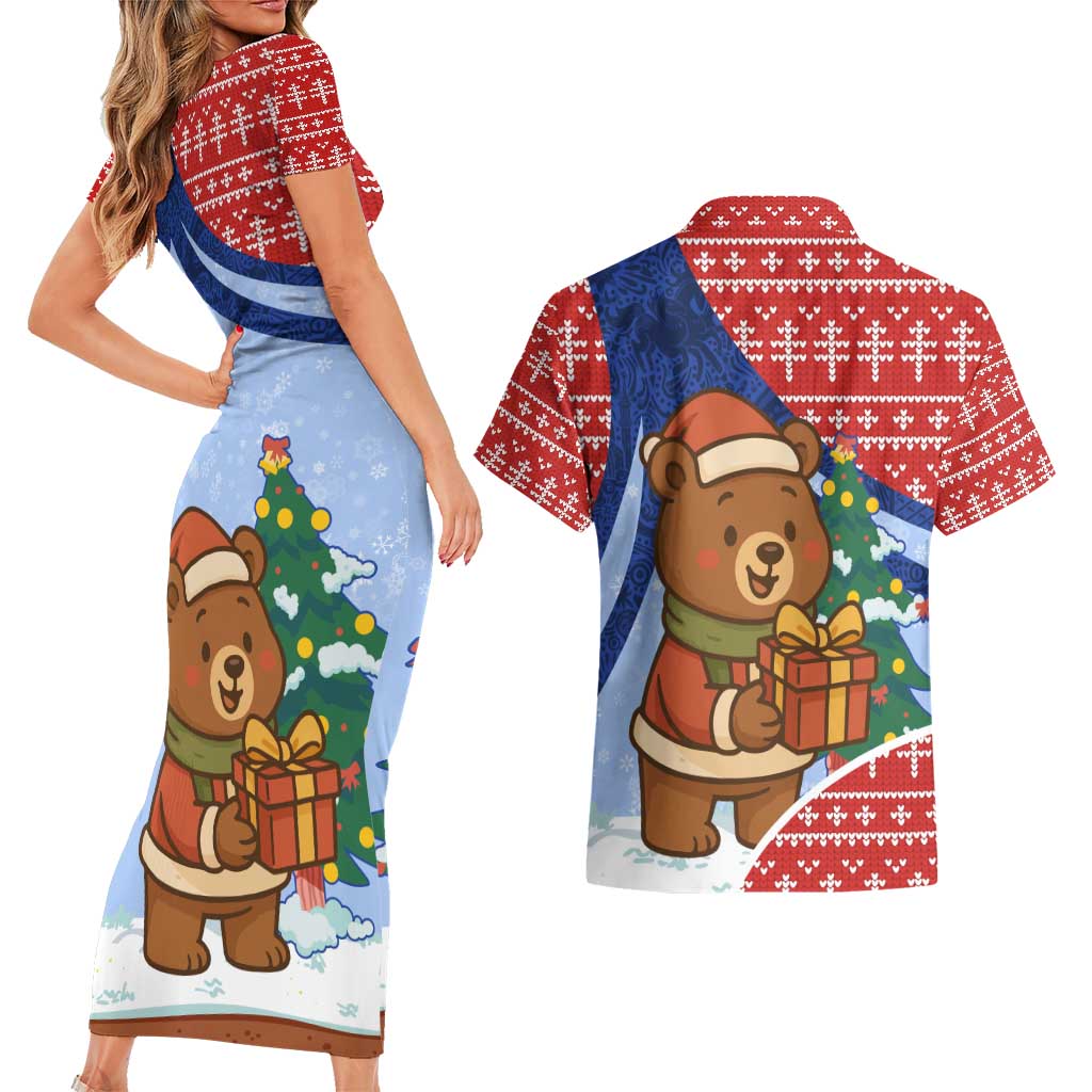 Russia Christmas Couples Matching Short Sleeve Bodycon Dress and Hawaiian Shirt with Santa Bear Gift Box Christmas Tree and Red Snowflake - Wonder Print Shop