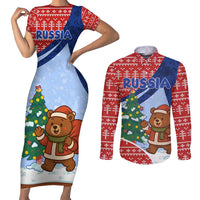 Russia Christmas Couples Matching Short Sleeve Bodycon Dress and Long Sleeve Button Shirt with Santa Bear Gift Box Christmas Tree and Red Snowflake - Wonder Print Shop
