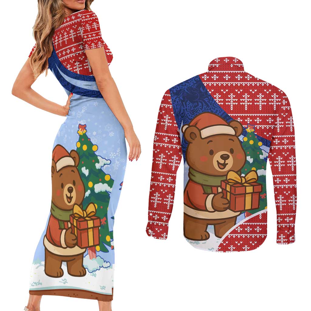 Russia Christmas Couples Matching Short Sleeve Bodycon Dress and Long Sleeve Button Shirt with Santa Bear Gift Box Christmas Tree and Red Snowflake - Wonder Print Shop