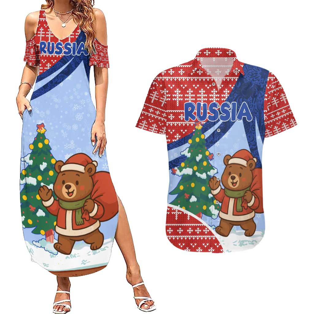Russia Christmas Couples Matching Summer Maxi Dress and Hawaiian Shirt with Santa Bear Gift Box Christmas Tree and Red Snowflake - Wonder Print Shop