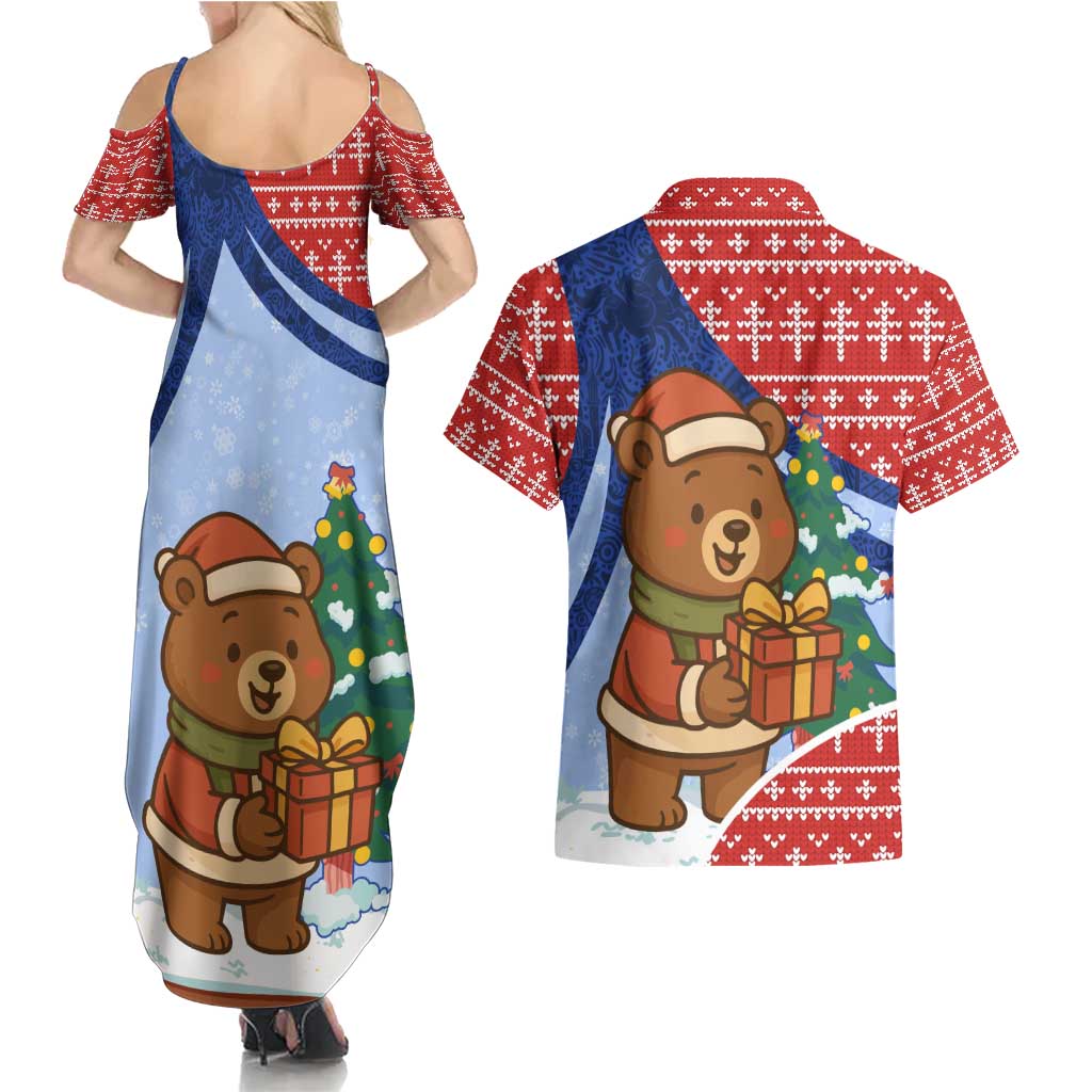 Russia Christmas Couples Matching Summer Maxi Dress and Hawaiian Shirt with Santa Bear Gift Box Christmas Tree and Red Snowflake - Wonder Print Shop