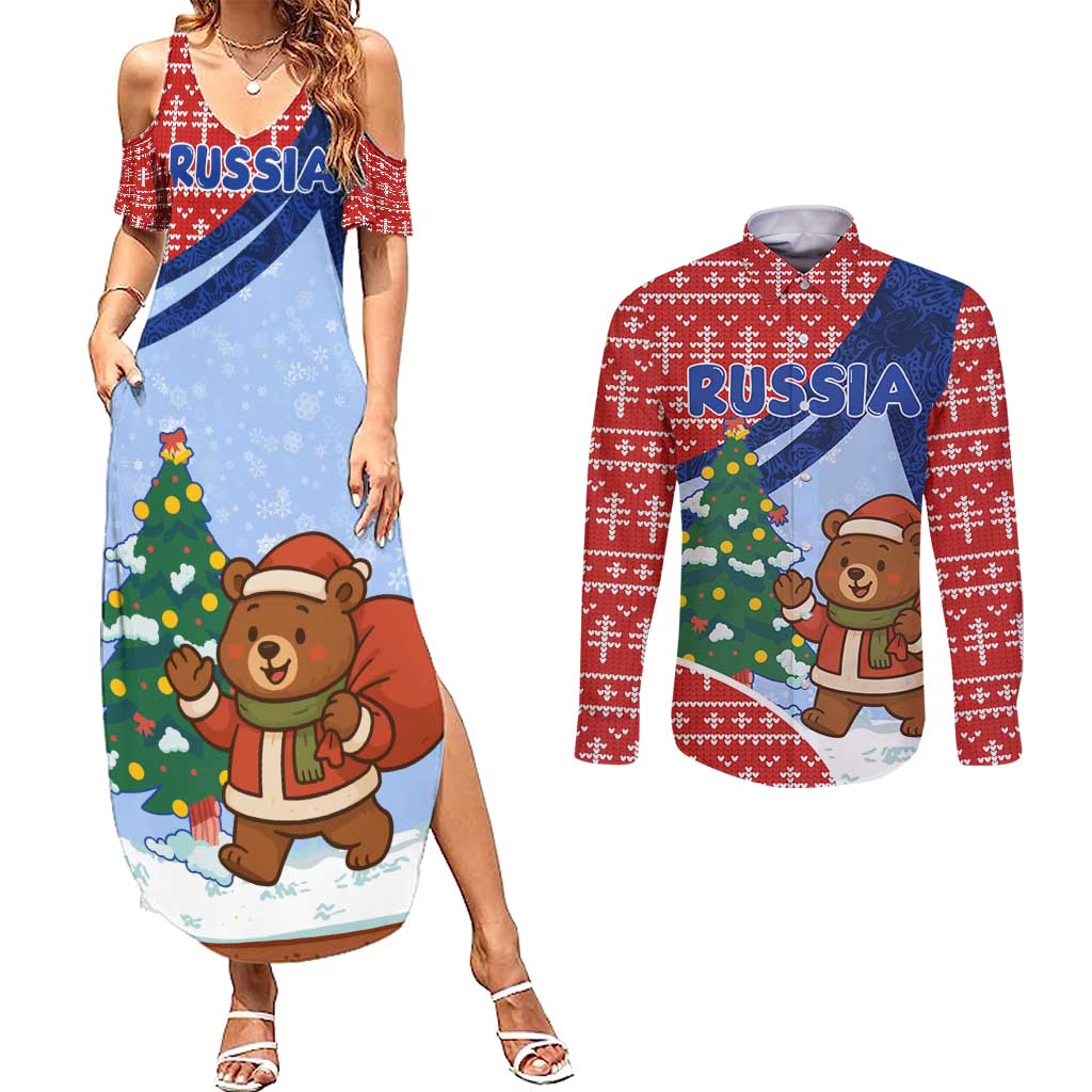 Russia Christmas Couples Matching Summer Maxi Dress and Long Sleeve Button Shirt with Santa Bear Gift Box Christmas Tree and Red Snowflake - Wonder Print Shop