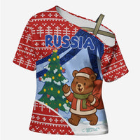 Russia Christmas Cross Shoulder Shirt with Santa Bear Gift Box Christmas Tree and Red Snowflake - Wonder Print Shop