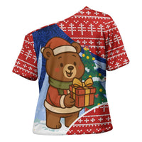 Russia Christmas Cross Shoulder Shirt with Santa Bear Gift Box Christmas Tree and Red Snowflake - Wonder Print Shop